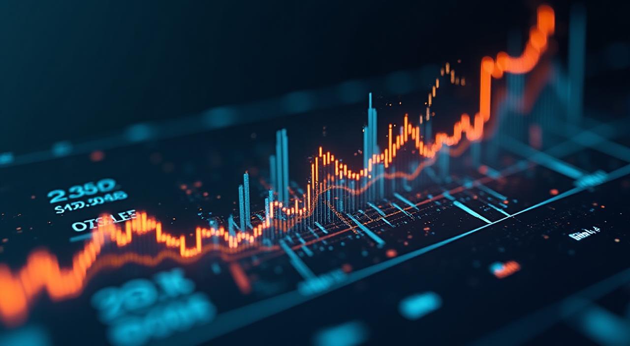 Abstract financial data visualization with glowing orange and blue lines representing future trends